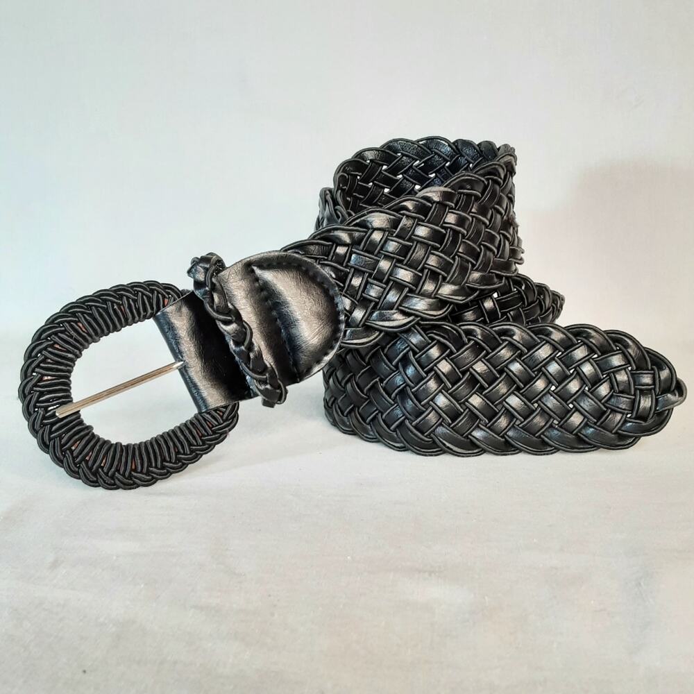 💎Wide Black Braided Fashion Belt Large Waist Round Wound Buckle